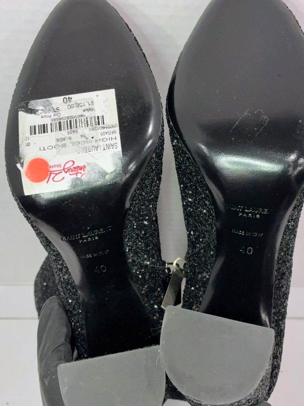 Saint Laurent YSL Black Glitter Block Heel Ankle Booties Boots  Sz 40/9 US Rare! - Picture 7 of 7